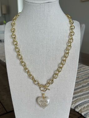 Upcycled Authentic Stamped A25V Chanel Crystal CC Heart Charm on 14K GP Necklace